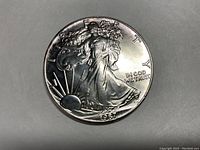 Obverse of the 1987 Walking Liberty silver dollar showing Lady Liberty walking with sun rising and 'LIBERTY' and 'IN GOD WE TRUST' inscriptions