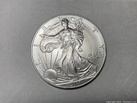 Obverse view of the 2001 Walking Liberty silver dollar coin showing Lady Liberty with flowing gown and rising sun behind, dated 2001.