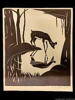 Full view of the monochrome K.O. Svendsen deer block print, signed bottom right.