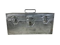 Front view of metal box tool chest showing two side latches, center locking mechanism, and handle on top. Surface scratches and wear marks visible.