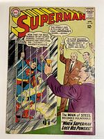 Front cover of Superman Issue #160 showing Superman trapped in a cage with men toasting his vulnerability and headline 'When Superman Lost His Powers'.