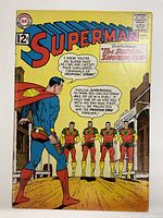 Front cover of Silver Age Superman comic book issue #153 showing Superman facing four identical opponents and title text about 'The Super Showdown'.