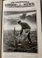 Front page of The Illustrated London News dated January 5, 1918, shows a wartime black and white photo of a soldier working in a field.