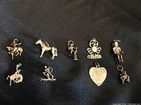 Set of 9 sterling silver charms laid out on black fabric showing all items clearly for identification.