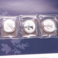 Three sealed 2011 Canadian $20 fine silver coins featuring a canoe design arranged side by side.