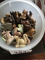 Top view of white container filled with multiple Wade ceramic animal figurines of various species and colors, all small size.
