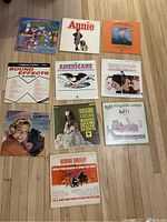 10 vintage vinyl record albums arranged on wooden floor. Includes children's music and soundtracks like Annie and Raffi.
