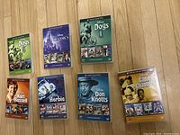 Photo of all 7 DVD 4-movie collections laid out on a white surface showing their colorful sleeves with titles Dogs 1, Disney Classics, Kurt Russell, Herbie, Don Knotts, and Game Changers.