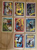 Fronts of eight different 1990 Marvel Comics trading cards in protective sleeves, showing characters like Iron Man, Spider-Man, Black Cat, Wolverine, and comic scenes.