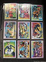 Front view of nine 1991 Marvel Comics trading cards in a plastic sleeve, colorful artwork visible.