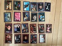 Photo showing 20 Star Trek trading cards from 1991 arranged on a flat surface featuring various characters and scenes from the original Star Trek series.