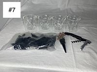 Full lot laid out showing 4 skull shot glasses, snowflake bottle stopper, corkscrew opener, and baggie of spouts