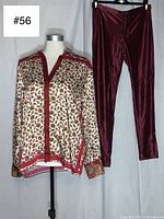 Full front view of Zara silk paisley blouse and red disco pants on mannequin showing details and colors