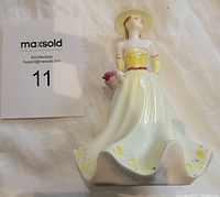 Coalport Kerry figurine showing front view with woman wearing yellow and white flowing dress, wide-brimmed hat, and holding flowers.