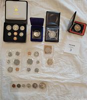 Full overview of all coin sets and commemorative coins spread on fabric, showing cases and sealed sets.