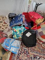 Photo showing multiple backpacks including blue and gray, red with tan bottom, floral and black backpacks on a rug.
