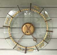 Front view of the round glass wall clock with brass zodiac figures around the dial and brass central clock face and hands.