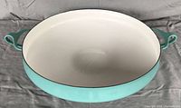 Top view of oval turquoise paella dish with white interior and two turquoise handles, showing overall condition and enamel finish.