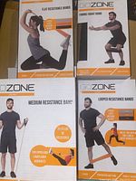 Four boxed GoZone resistance band products: flat resistance bands 3 pack, fabric squat band 1 pack, medium resistance band, and looped resistance bands 3 pack.
