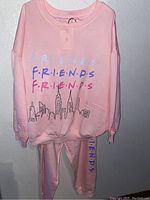 Full view of pink Friends sweatsuit set hanging on a hanger showing front of top and pants.
