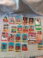 Full lot of 25 hockey cards laid out on a gray fabric background showing various players and team cards from the Atlanta Flames.