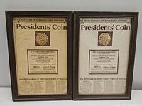 Frontal view of two framed Presidents' Coins with beige backgrounds and gold coins mounted, text describes the commemorative nature and lists the 30 U.S. Presidents.
