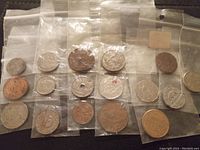 Photo of 20 coins individually bagged, showing different sizes, shapes, colors, and designs, with some coins having holes in the center and others showing various wear levels.