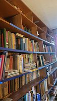 Full view of wooden shelves filled with books of various sizes and colors.