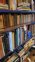 Bookshelves loaded with various softcover and hardback books including some tall large-format hardcovers and vintage paperbacks.