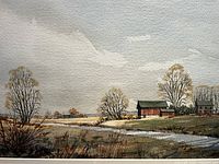 Close-up of the watercolour painting showing barn, trees and field