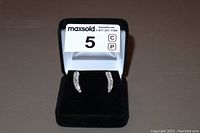 Pair of silver-toned leaf earrings with tiny rhinestones displayed in a black velvet box, shown from a frontal view to highlight the sparkle of the stones.