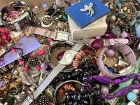 Photo showing mixed jewelry lot with various necklaces, earrings, bracelets, watches, rings, and brooches arranged in a box