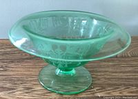 Side view showing the broad bowl shape and pedestal base of the green uranium glass dish.