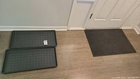 Two gray plastic shoe containment trays stacked one on top of another, and one black rubber door mat near the front door.