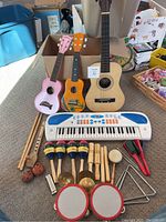 Full lot photo showing all the instruments arranged on a carpet including guitar, ukuleles, keyboard and percussion instruments
