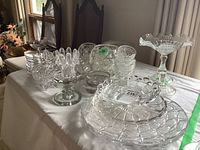Photo of lot with assorted crystal and glass serving plates, compotes, candy dishes and more displayed on table