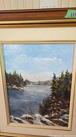 Framed acrylic landscape painting titled "Early Winter" showing a winter river scene with trees and rocks.