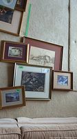 All five framed prints arranged together on carpet floor, showing a mix of landscapes and animal prints with various frame styles
