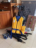 Untested Nexus rollator, six umbrellas, dumbbells, bag of wire clothes hangers, canes, yellow and blue buey-o-boy life jacket and shoe cream arranged on floor near wooden cabinet.