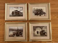 Set of 4 neutral-colored framed pictures each depicting a boat-themed scene. Frames have clean light borders and mats with each measuring about 10.5x12.5 inches.