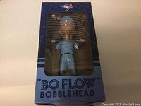 Front of unopened Blue Jays Bo Flow bobblehead in box with window showing figure inside.