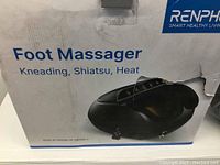 Box view showing Renpho foot massager branding and product features: kneading, shiatsu, heat.