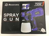 Box of the Powerextra electric spray gun showing product image and power rating of 750W.