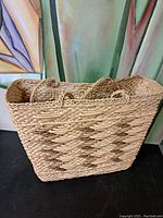 Side view of the rectangular woven handbag showing the two braided handles and the weave pattern in light and dark natural tones.