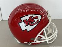 Side view of red helmet showing Len Dawson signature and SB IV MVP inscription