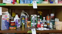 Shelf with multiple household cleaning products including all-purpose cleaner, spray cans, polishes, and insect sprays.