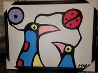 Front view of painting depicting two abstract birds with connected circular shapes in bold primary colors, protected by corner covers
