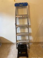 Full view of 5 ft aluminum Featherlite stepladder with 5 steps and blue top.
