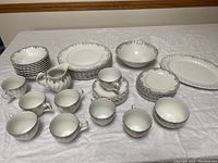 Full lot view showing all dishes including plates, bowls, cups, saucers, and pitchers arranged on table