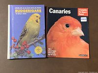 Front cover of two bird care books: 'Budgerigars' and 'Canaries' showing colorful bird photographs on each cover.